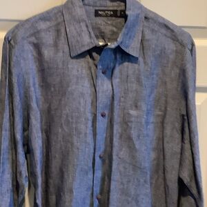 Nautica Men's Casual Gray 100% linen Button Down‎ Shirt